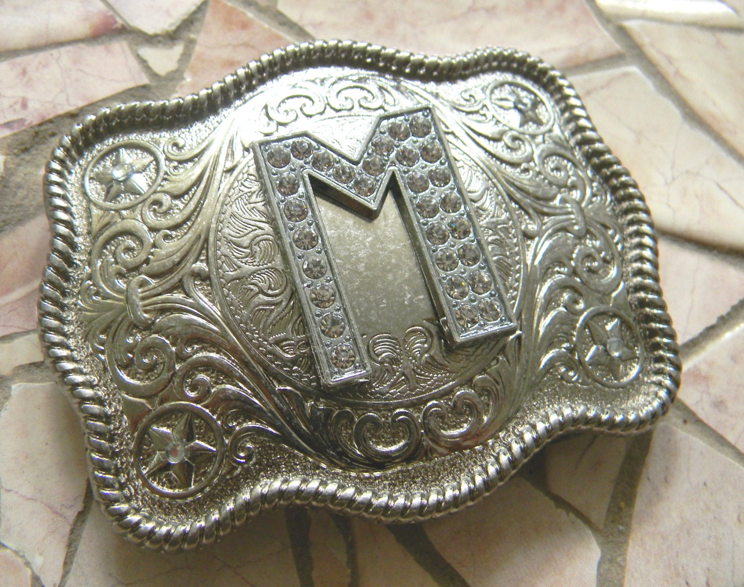 Monogram Letter M Personalized Silver Belt Buckle Rhinestone