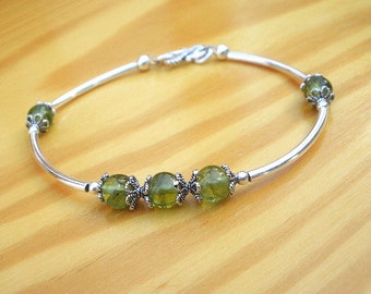 Natural Gemstone Peridot 6mm Round Beads 925 Sterling Antique Silver Bracelet