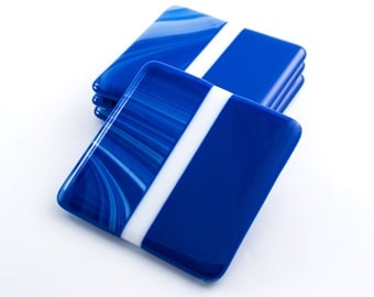 Cobalt Blue Modern Coasters, Blue Home Decor, Fused Glass, Set of 4, Tabletop Display, Bar Accessories, Unique Gifts for Men