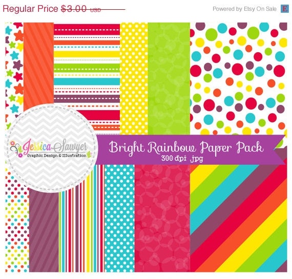50% OFF- INSTANT DOWNLOAD, bright rainbow digital scrapbooking papers, rainbow printable papers, party paper, for commercial and personal us Il_570xn