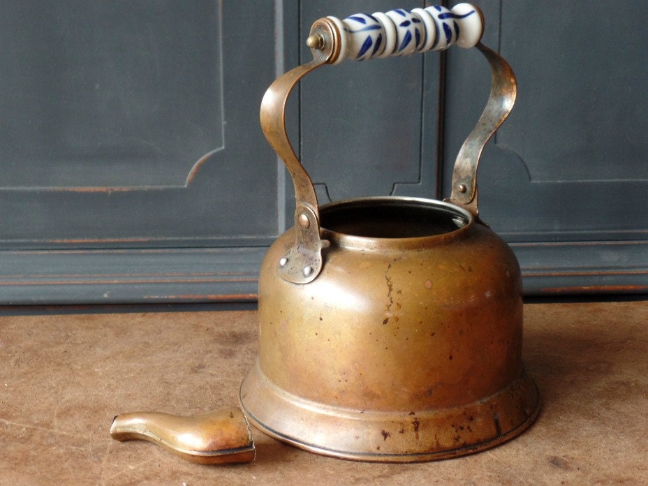 Vintage Copper Tea Kettle Porcelain Handle Blue White
