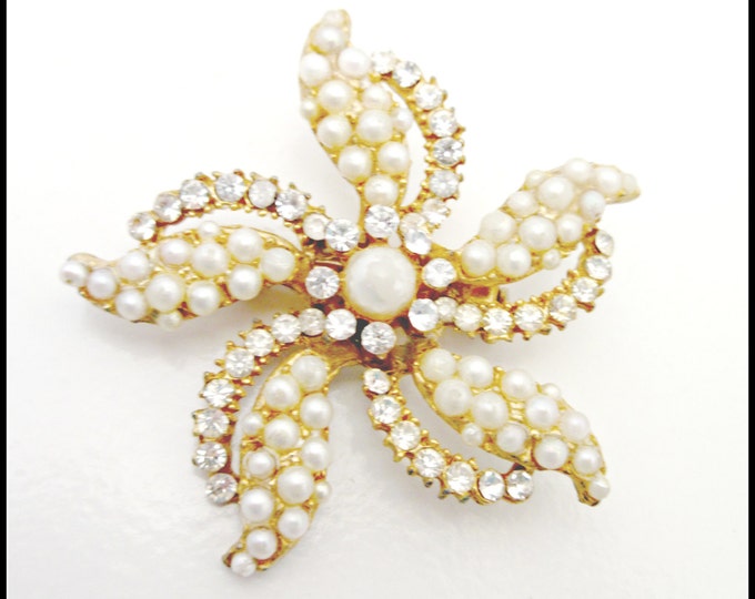 Flower Brooch with Gold tone metal pearls and rhinestone mid century Atomic pin