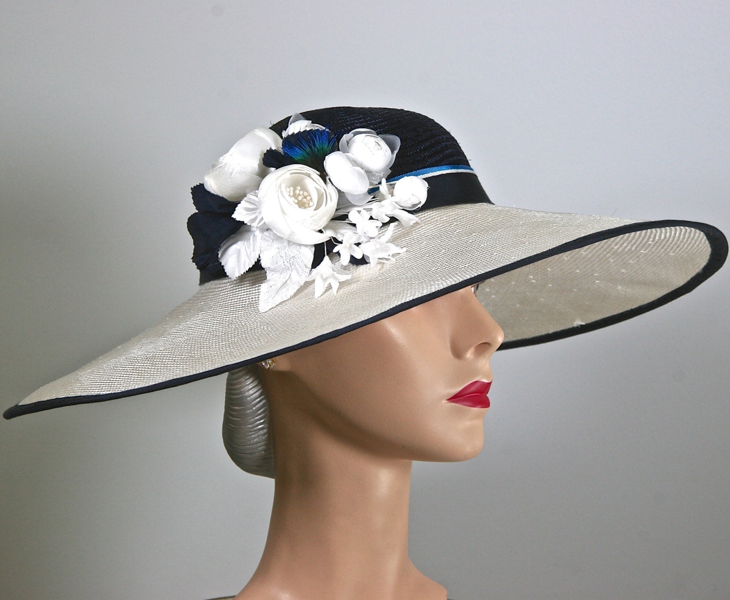 Wide Brim Kentucky Derby Hat Navy and White Women's Hat