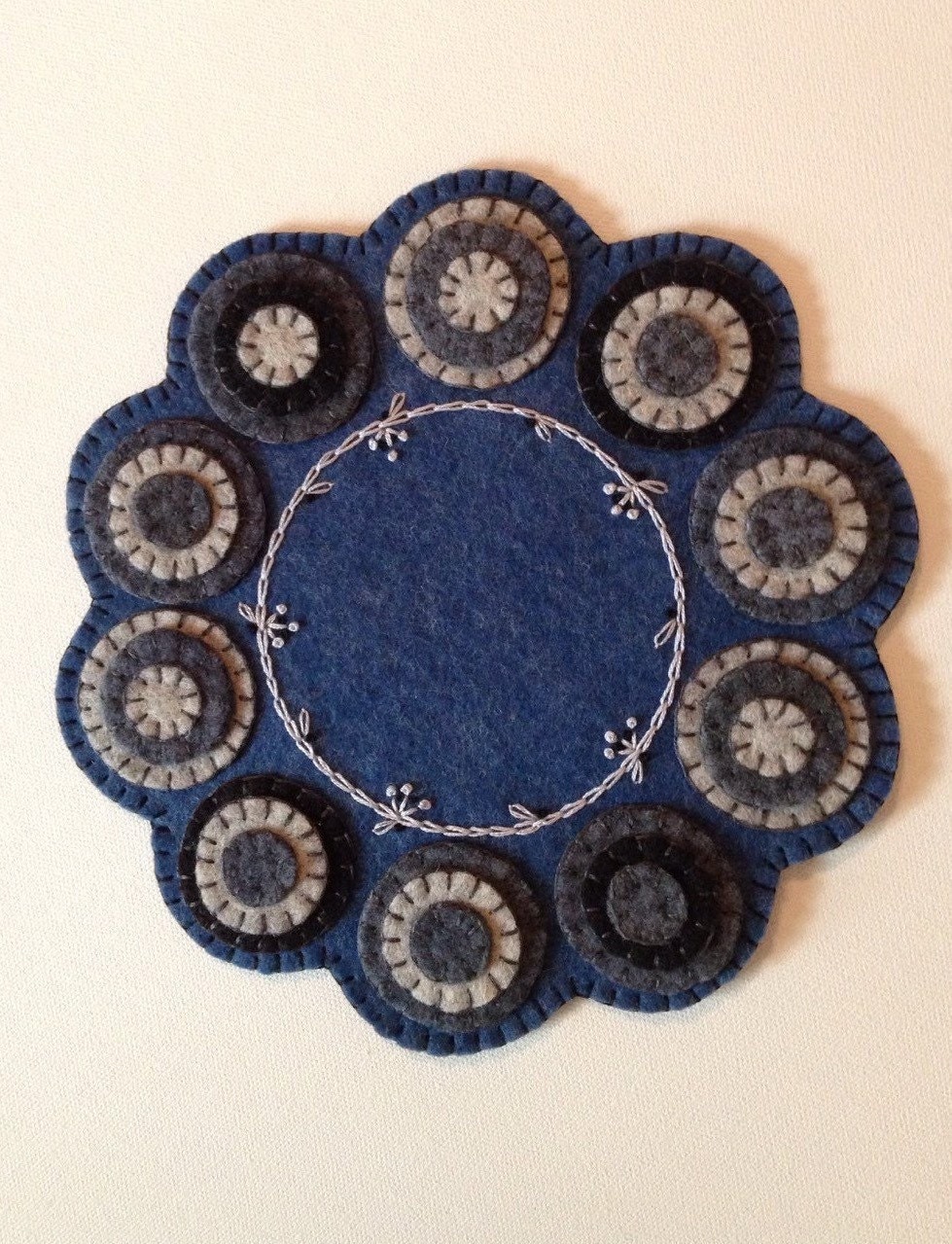 Wool Embroidered and Appliqued Penny Rug/Penny Mat by FolkHome