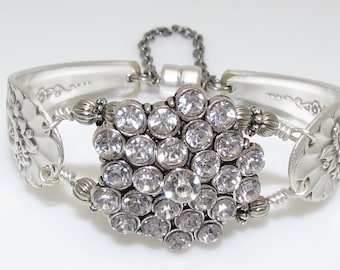 Satin Finish Floral Silver Plated Spoon Bracelet with Rhinestone Cluster