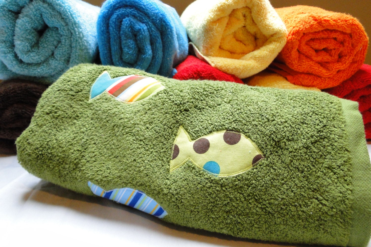 CLEARANCE Fish Hooded Beach Towel Green Three by JennyJeanDesigns