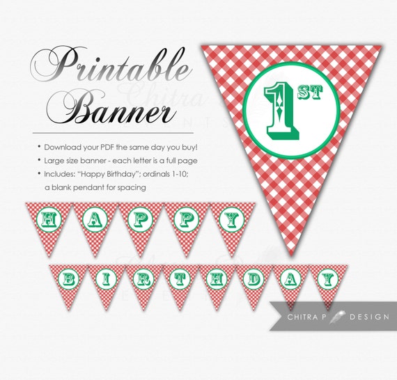 Picnic Happy Birthday Banner DIY Printable Red Green by chitrap