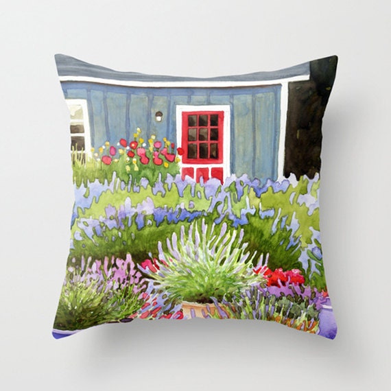 16"x16" Pillow cover - Pots of Lavender painting by Kathy Johnson depicting a lavender farm in purple, blue, green, pink and red