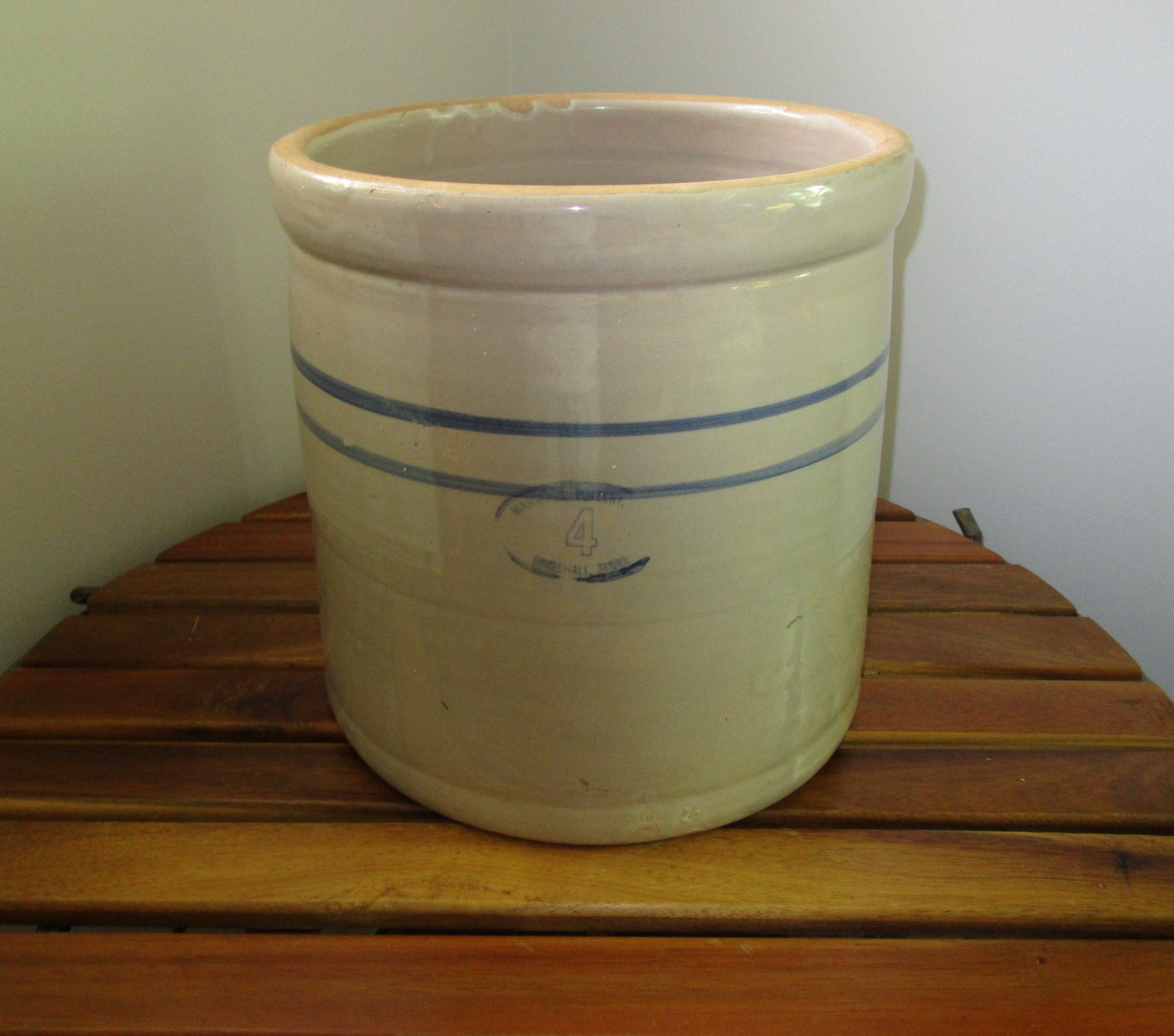 Marshall Pottery 4 Gallon Blue Stripe Stoneware Clay Crock