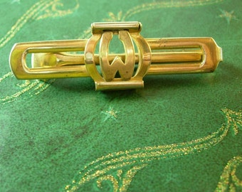Deco Initial W Tie Clip Vintage Monogrammed M with Sugar Spoon Men's Gold plated Novelty 1920s Tie Jewelry