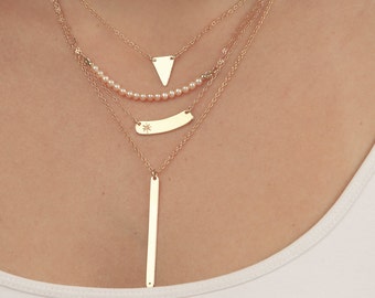 Gold layered necklace set Skinny Vertical Bar Necklace triangle necklace Delicate Gold Necklaces gold filled jewelry