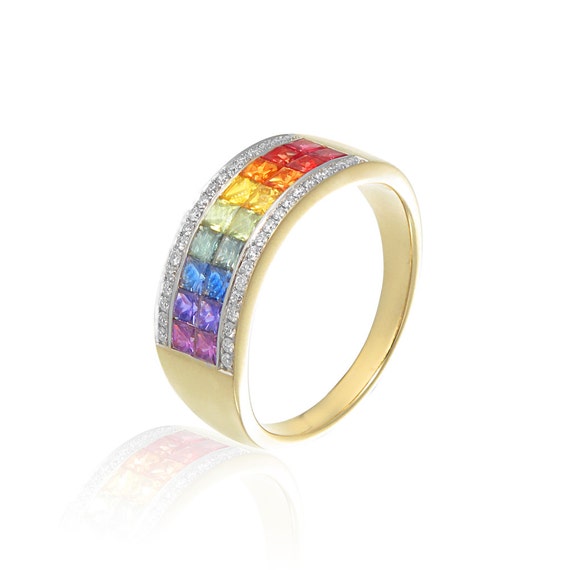 Mens Rainbow Diamond Ring 14K Yellow Gold, Unisex Unique Natural ...