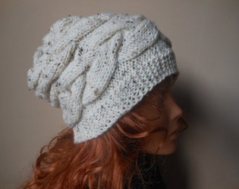 Cable Knit Hat Hand Knit Slouchy Beanie Hat Acrylic Oatmeal Cream