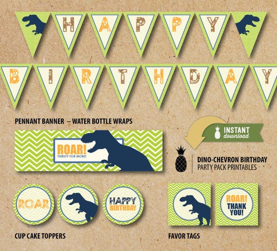 Chevron Dinosaur Birthday Party Pack Printables - Instant Download