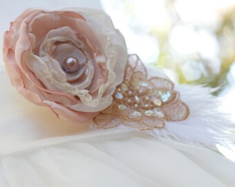 Wedding sash belt bridesmaids maternity sash fabric flower ivory blush pink vintage lace shabby chic 20's style feather photo prop pearl
