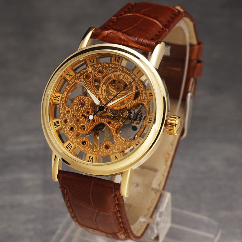 GORGEOUS Skeleton Watch Ultra-thin Golden Hollow Carve Dial Luxury Men's Women's Unisex  Watch Mechanical Relogio Uhr