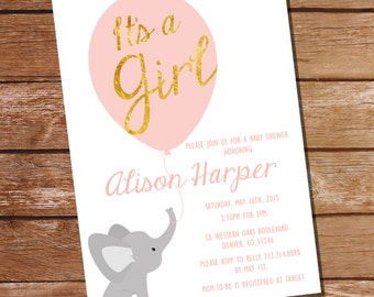 Elephant Invitation for a Girl's Baby Shower - Vintage Pink and Gold - Instant Download and Editable File - Personalize with Adobe Reader