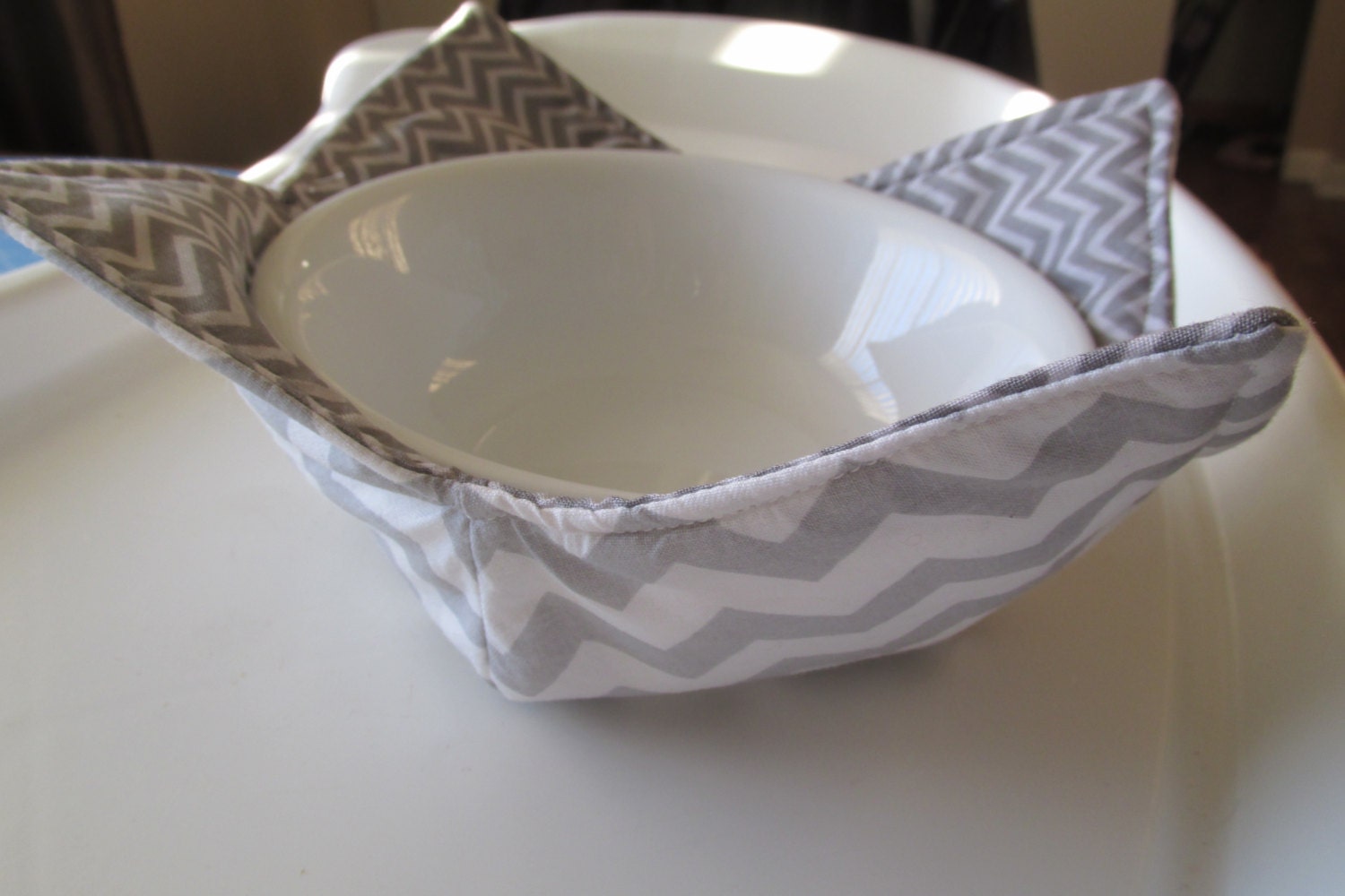 Grey Chevron Microwave Bowl Cozy Fabric Bowl Cozy Reversible