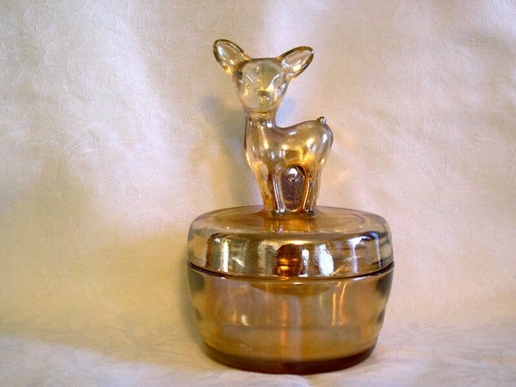 Vintage Amber Glass Deer Lid Powder Jar Jeannette Carnival
