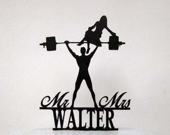 Personalized Wedding Cake Topper - Your Man is Strong! Weight lifting Groom topper, Mr&Mrs Last name topper, custom wedding cake topper,