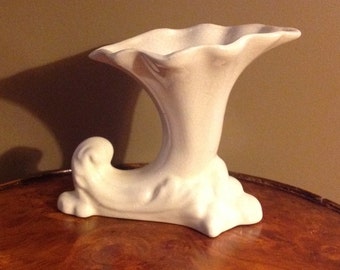 Antique Cornucopia pottery vase in creamy white Victorian art nouveau romantic cottage chic home decor