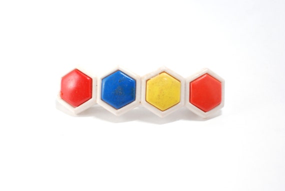 1960 Colorful Hexagon Geometric, Hair Clip Barrette, Orange Blue Yellow Red White Color 60s 70s