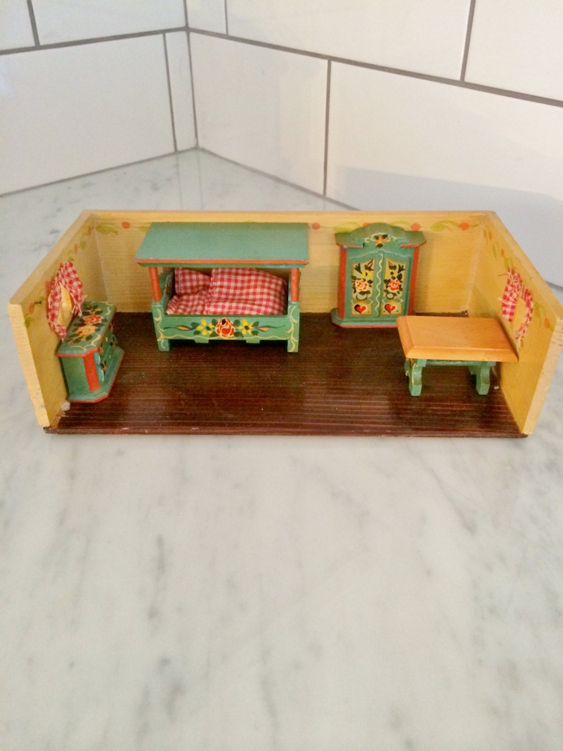 Vintage German Doll Furniture , Hand Painted Folk Art , Miniature
