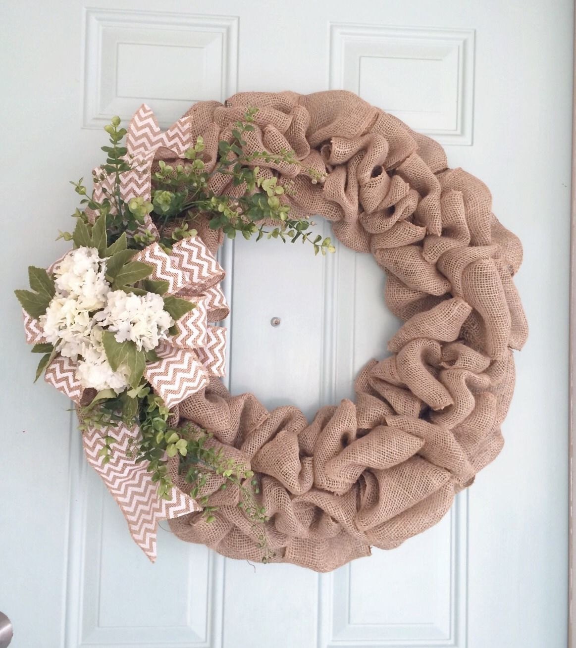 Large Ruffled Burlap Wreath With White Chevron Bow Ribbon 