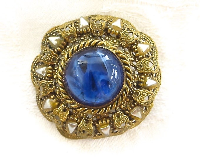 Vintage Cobalt Glass Brooch Pendant Mother of Pearl W Germany