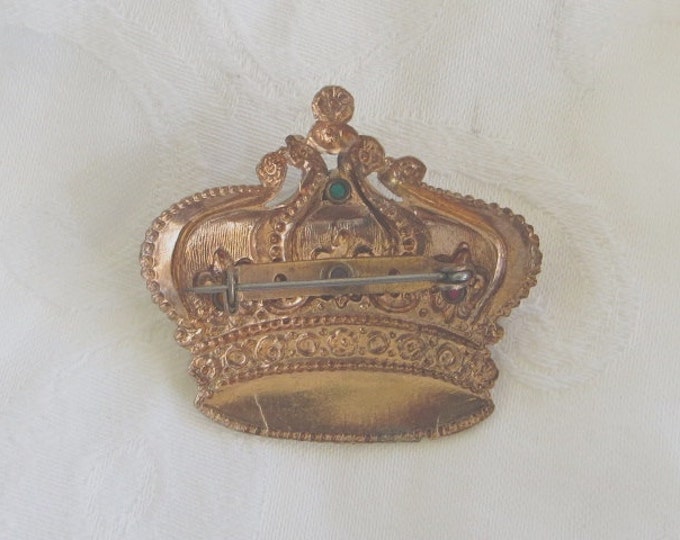Vintage Crown Brooch, Multicolor Cabochons, Heraldic Crown Pin, Royal Jewelry