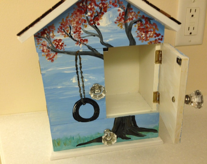 Wood 2 Door, 1 Drawer Jewelry box/Treasure Box, Painted with Acrylics and a Real Tiled Roof