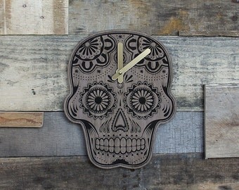 Handmade Wood Dia de los Muertos Sugar Skull Clock - Walnut