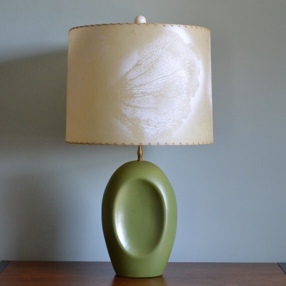 Mid Century Green Ceramic Lamp with Fiberglass Shade