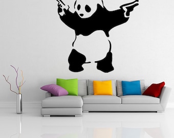 Banksy Vinyl Wall Decal Panda with Pistols (Guns) / Street Graffiti Art Decor Sticker / Removable DIY Home Mural + Free Random Decal Gift