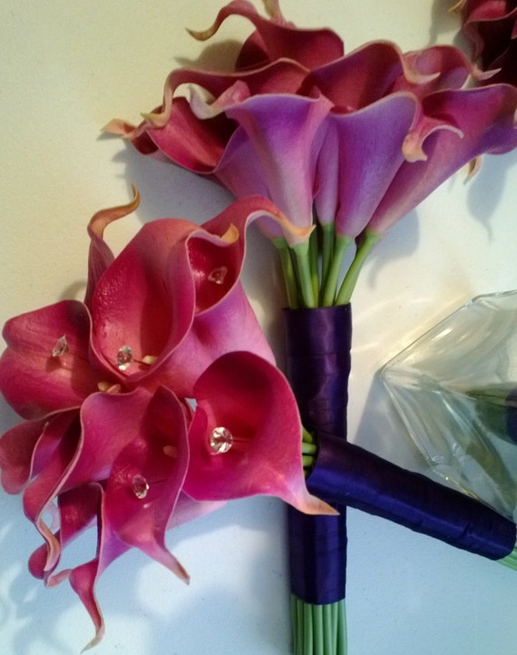 Items similar to 4 Piece Real Touch Lavender Calla Lily Bridal Bouquet ...