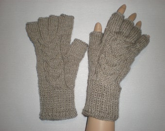 Handknitted oatmeal color with cables men fingerless gloves / wrist warmers