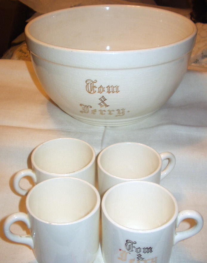 Punch Bowl Set Tom and Jerry Large Pottery Bowl and Matching Cups
