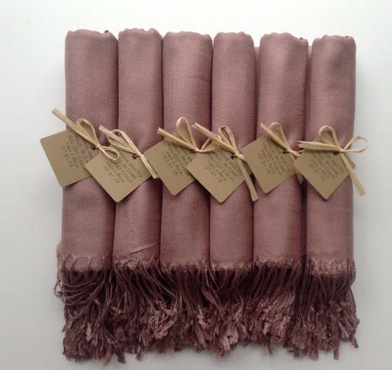 Mocha Shawls with Raffia Ribbon and Kraft Favor Tags, Set of 6, Pashmina, Wedding Favor, Bridal, Bridesmaids Gift, Wraps, Welcome Bags