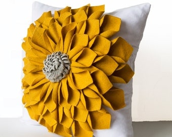 Dorm Pillows, Felt Flower Pillow Cover, Mustard Gray White Pillow Case, Floral Pillow, Gift, 16x16, Anniversary, Wedding, Housewarming