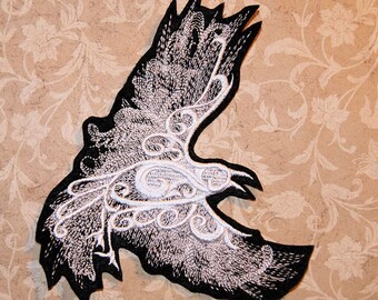 Ghost Raven White Baroque Iron On Embroidery Patch MTCoffinz - Choose Size