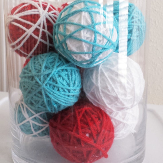 Decorative Yarn Balls In Red And Aqua By Hellosunshinehomedec