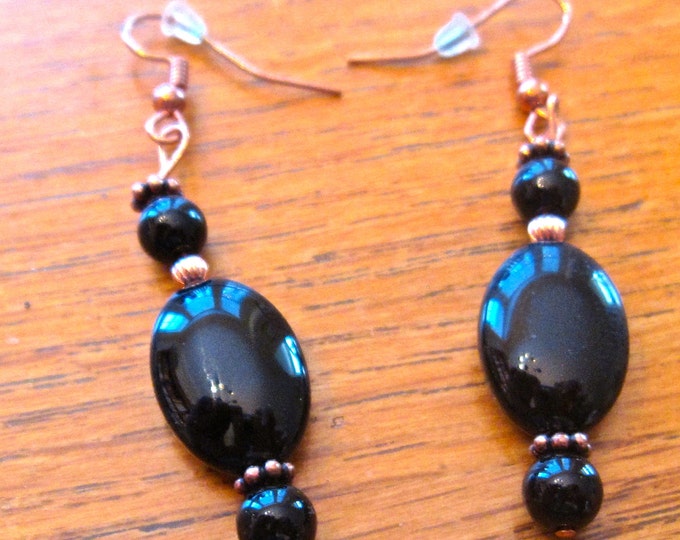 Black Agate Earrings with Pure Cooper, Natural Agate Beads, 2" Long, E200