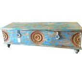 Antique Chakra Chest Blue Patina Long Media Console Trunk Storage Coffee Chakra Table