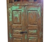 Antique Jaipur terrace teak Doors, colored glass Indian Style vintage Decor, pair available, architectural door windows