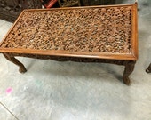 Indian Antique Coffee Table Floral Lattice Hand Carving Teak Wood Table Furniture