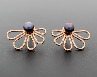 Rose gold ear jacket earrings, gift for women, double sided earrings, pearl earring jackets, front back ear cuff jackets, rose gold earrings
