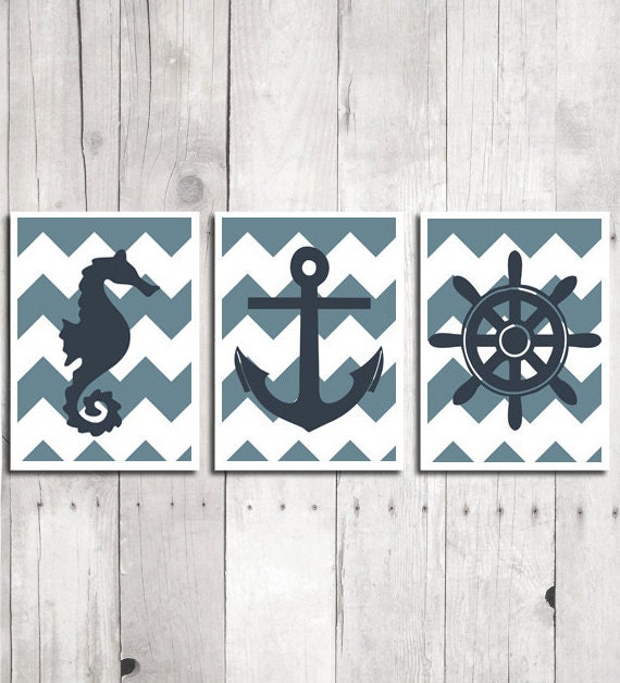 Items similar to Nautical Nursery Room Set Chevron Kids Wall Art