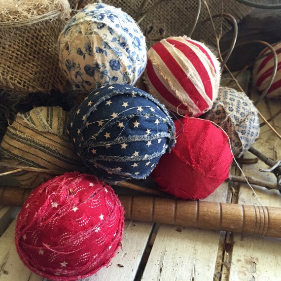 Primitive americana fabric rag balls set of 8 red white blue