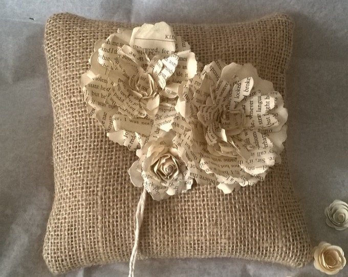 Book Page Rose , Burlap Ring Bearer Pillow , Book Page Flower Ring Cushion, Made to order