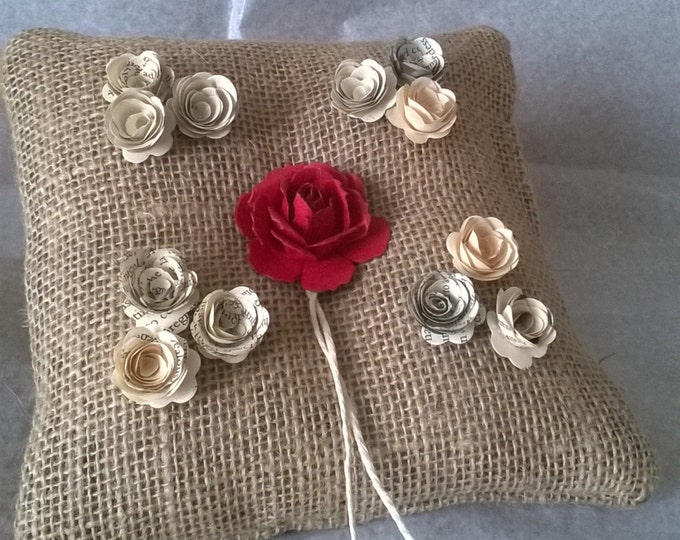 Book Page Roses, Red Wedding, Hessian Ring Bearer Pillow , Book Page Flower Ring Cushion, Made to order